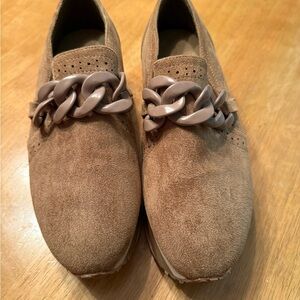 Pierre Dumas Women’s Tan Suede Loafers with Chain Detail